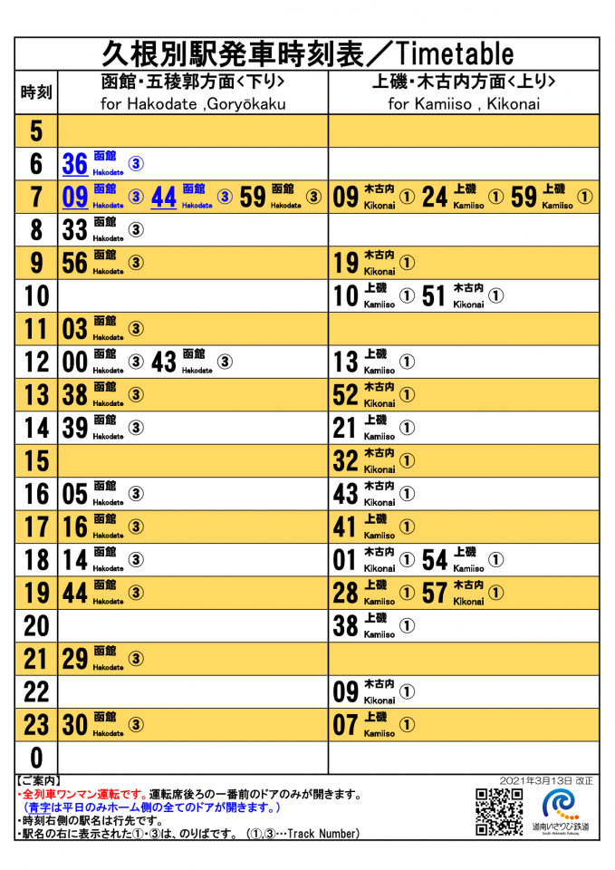 久根別駅 時刻表 道南いさりび鉄道株式会社